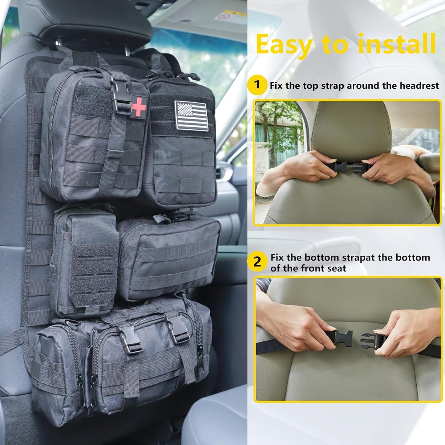 Jimikay Tactical Car Seat Back Organizer Hanger Bag with 5 Detachable Molle Pouch Vehicle Molle Panel Organizer Storage Bag Universal for for most car models (Black)