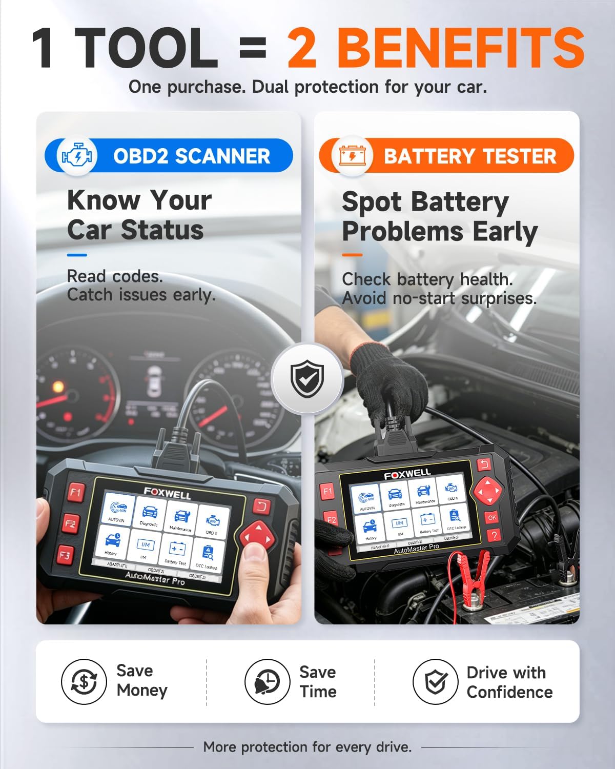 FOXWELL NT604Pro 2-in-1 OBD2 Scanner & Battery Tester, 4-Systems, 3 Resets