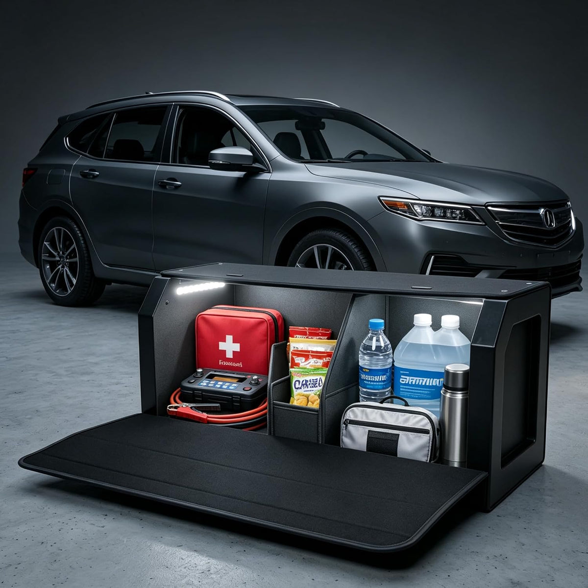 Car Trunk Organizers with LED Light, SUV Trunk Storage Box with Light