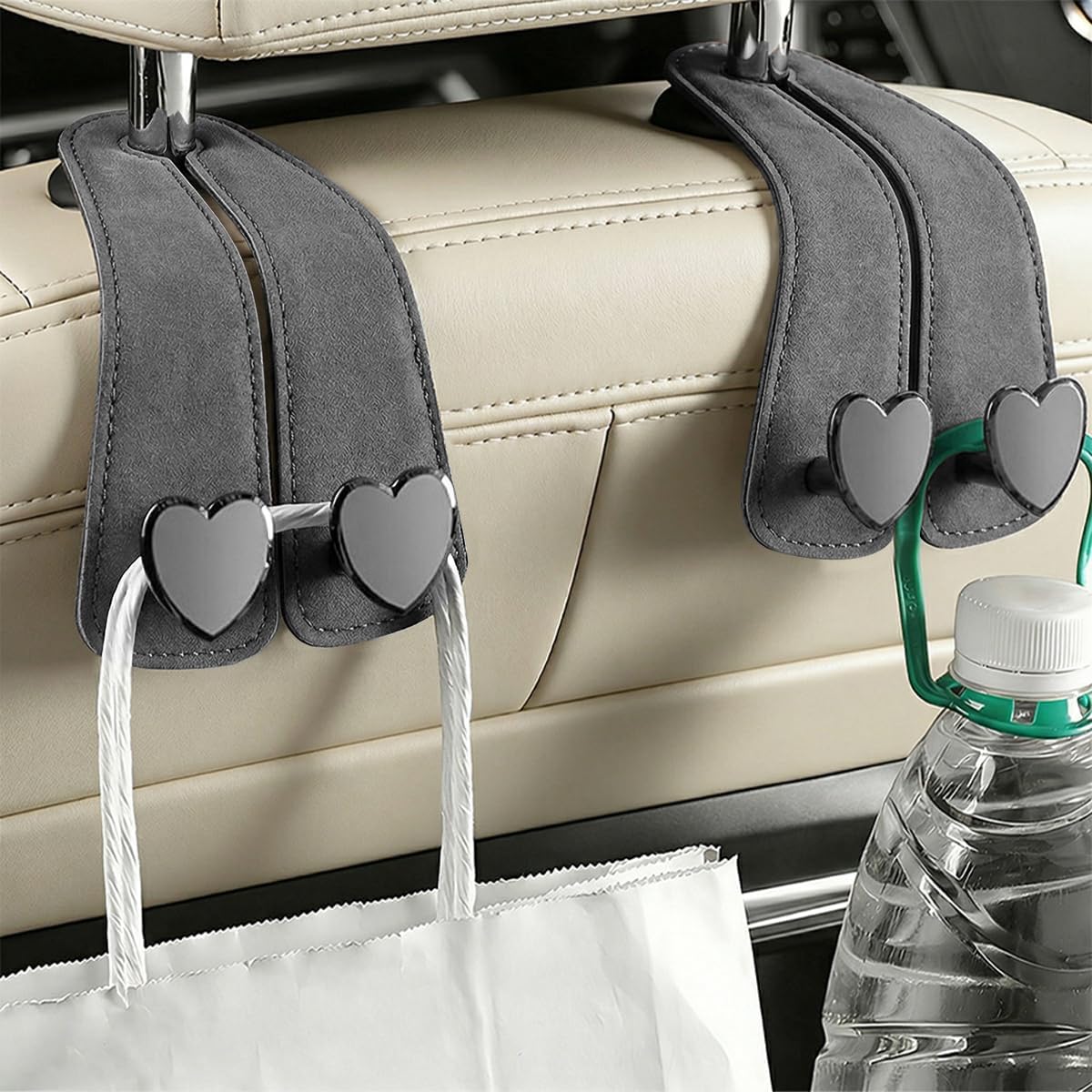 2PCS Car Seat Headrest Hooks, Heart-Shaped Twin Hook Vehicle Seat Back Purse Bag Storage Organizer, Cute Auto Interior Backseat Hanger Holder for Coat Umbrella Hat, Universal Fit (Gray)