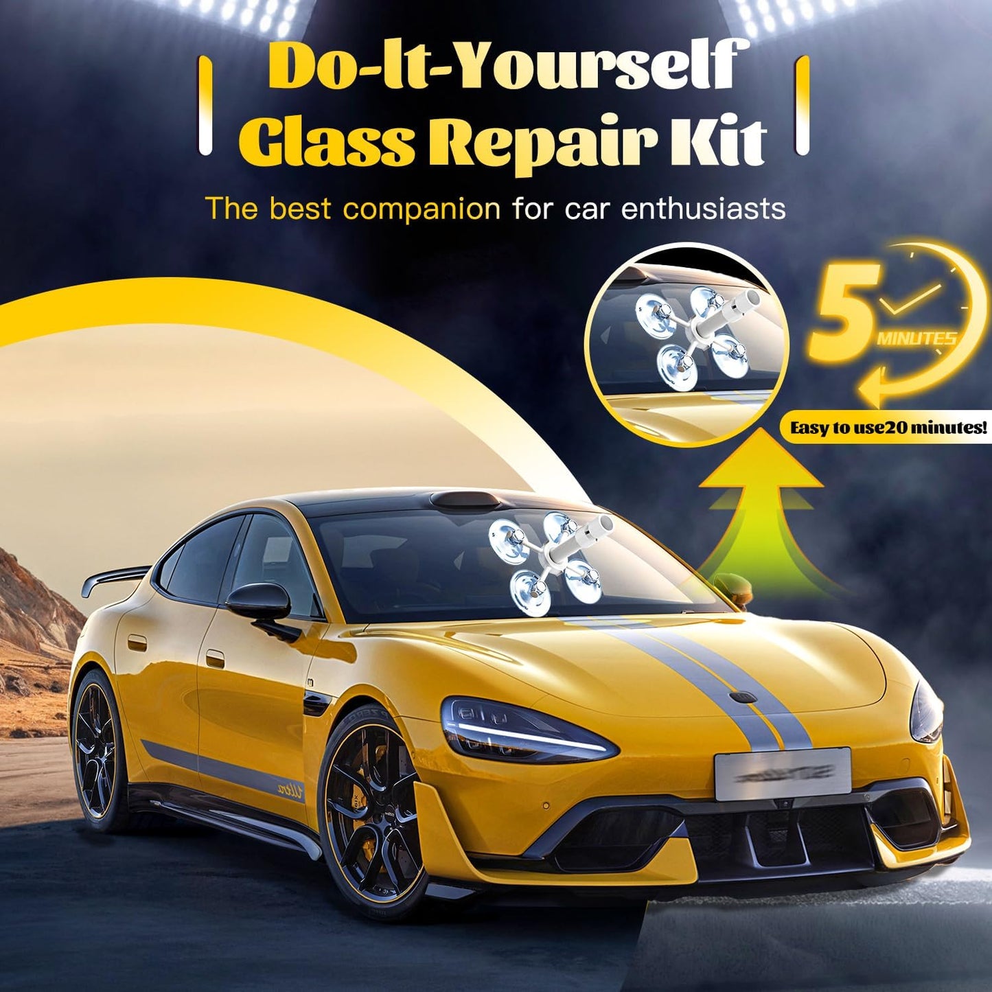 CLAMPER Windshield Crack Repair Kit, Windshield Repair Kit for Chips and Cracks, 4 Pcs Car Glass Repair Kit, Cracks Gone Glass Repair Kit Automotive Quick Fix for Chips, Cracks, Bullseyes (Yellow)