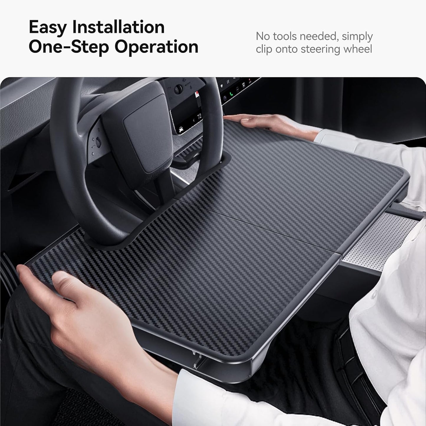 YONZEE 2-in-1 Car Steering Wheel Desk Tray & Car Seat Gap Filler Organizer – Foldable Carbon Fiber Look Table for Laptop, Eating Food, Writing – for Standard Round Steering Wheels