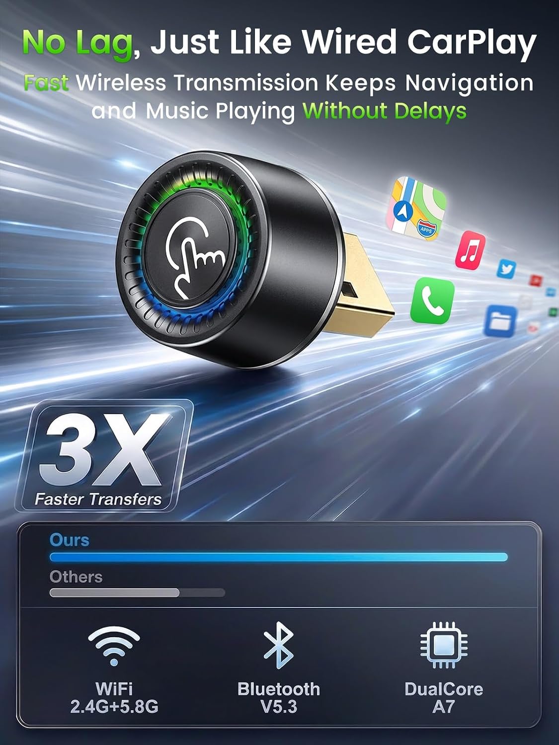 Wireless CarPlay Adapter for iPhone & Android Auto - Wired to Wireless Gray
