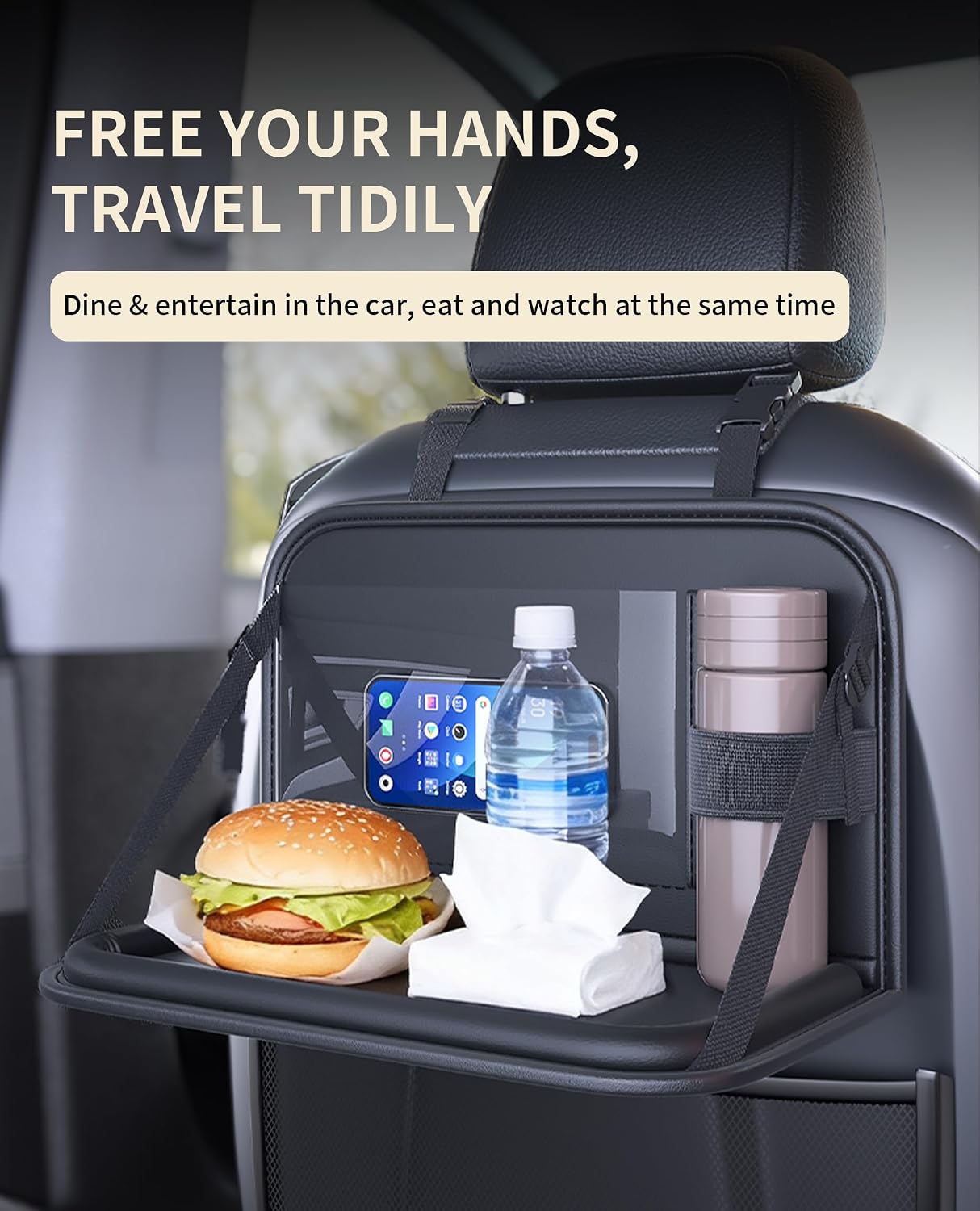 Backseat Car Organizer with Foldable Tray &amp; Tablet Holder | Easy to install, durable &amp; easy to clean, space-saving, ideal for rear passengers and kids, for road trip dining and working