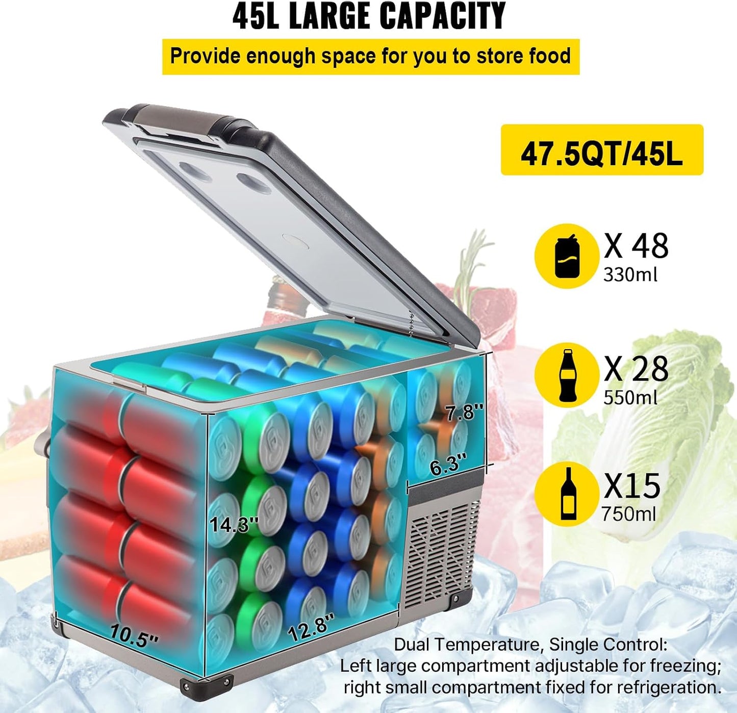 VEVOR 12 Volt Refrigerator, 48 Quart (45L) Fast Cooling Car Fridge, Portable Freezer with App Control (-4℉~68℉), 12/24v DC & 110-240v AC for Travel, Truck, Camping and Home Use, Black