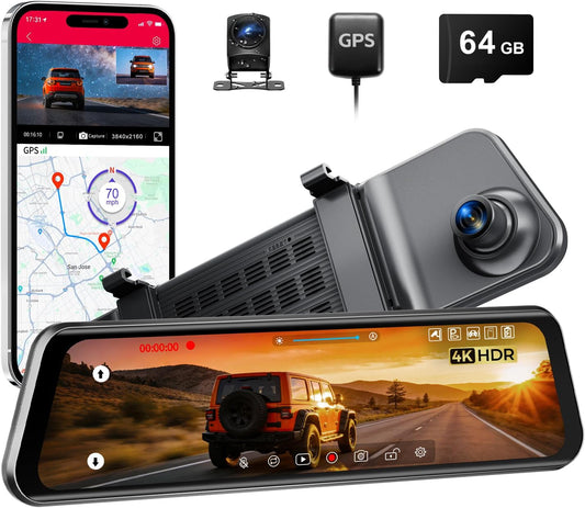 12" Mirror Dash Cam, 4K UHD Front and 2.5K Rear View Dash Camera for Car, with ADAS BSD LCA Smart Mode, GPS, G-Sensor, Loop Recording, Parking Monitor, Voice Control, 5.8GHz WiFi