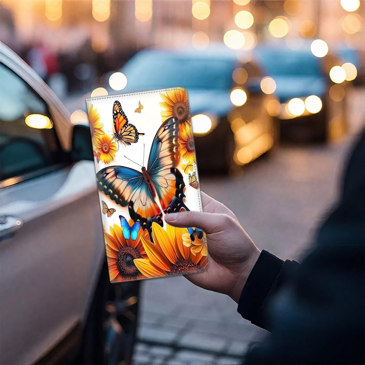 Car Registration Holder, Waterproof PU Leather Vehicle Card Document Glove Box Organizer, Women Interior Auto Accessories Case for Cards, Driver License Car Insurance Holder, Butterflies + Sunflowers