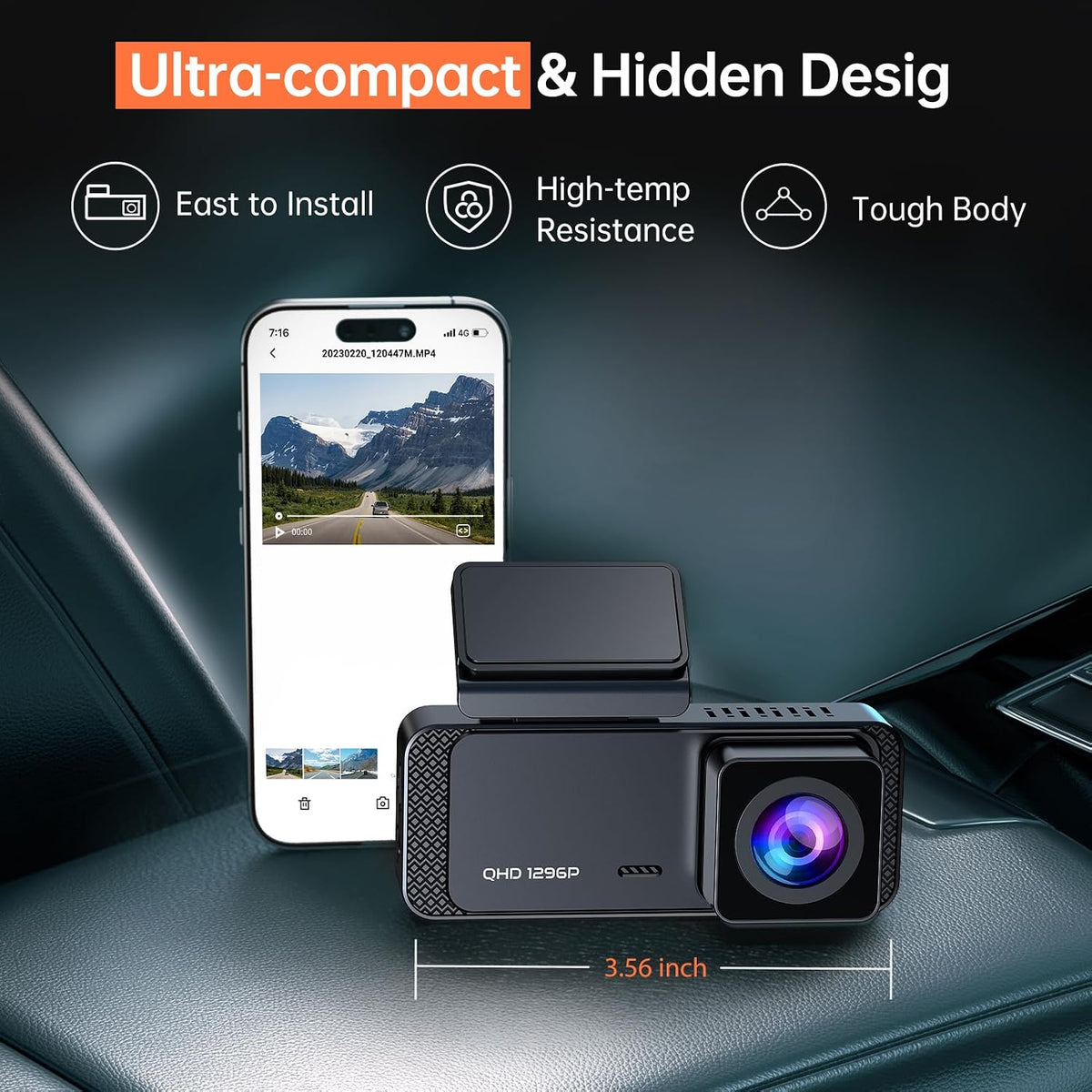 Veement 1296P Dash Cam Front, WiFi Dash Camera for Cars with App
