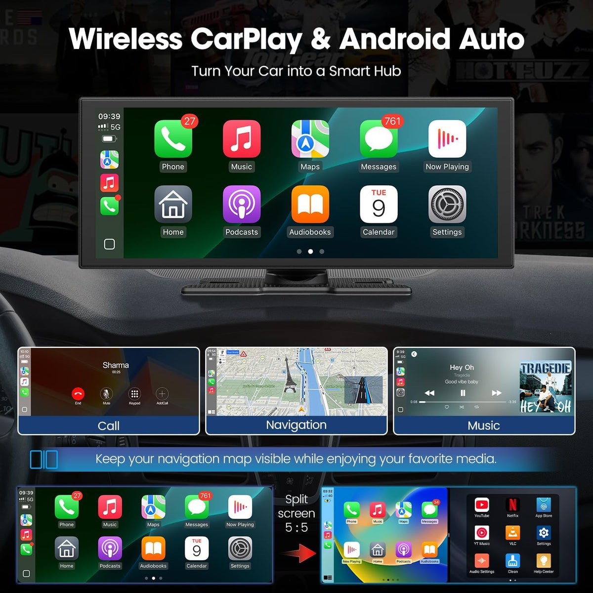 LAMTTO Upgraded 11'' Wireless Carplay Screen with Net-Flix YouTube Apps and Backup Camera Built-in Entertainment Video Box Navigation Voice Assistant for iOS 10+ Android 11+