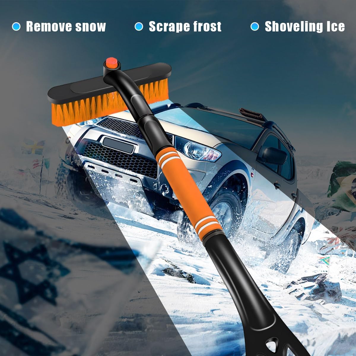 Ohleats 31.5" Ice Scraper and Extendable Snow Brush, 360° Pivoting Snow Brush Head with Foam Grip, Detachable Ice Scraper with Soft Bristle Head for Car Truck SUV Window Windshield (Orange)