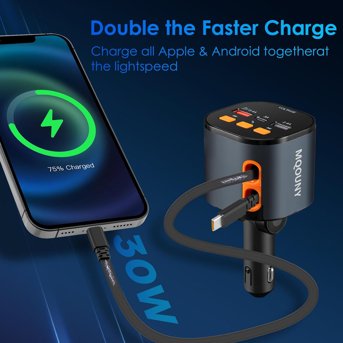 Retractable Car Charger,5 in 1 Fast Car Phone Charger 90W,Bluetooth 5.3 FM Transmitter Adapter,Handsfree Call,2 Retractable USB-C Cables and USB Cars Chargers for iPhone 16/15/14/13/12/11,Galaxy,Pixel