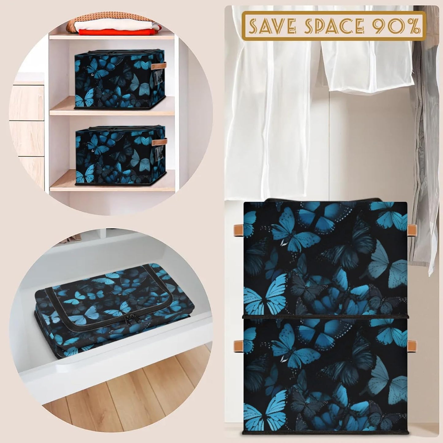 Blue Butterfly Storage Bins With Zipper Lid, Collapsible Trunk Organizer, Car Organizers and Storage Bins with Lids, Decorative Storage Boxes with Handle, Home Storage Baskets for Organizing