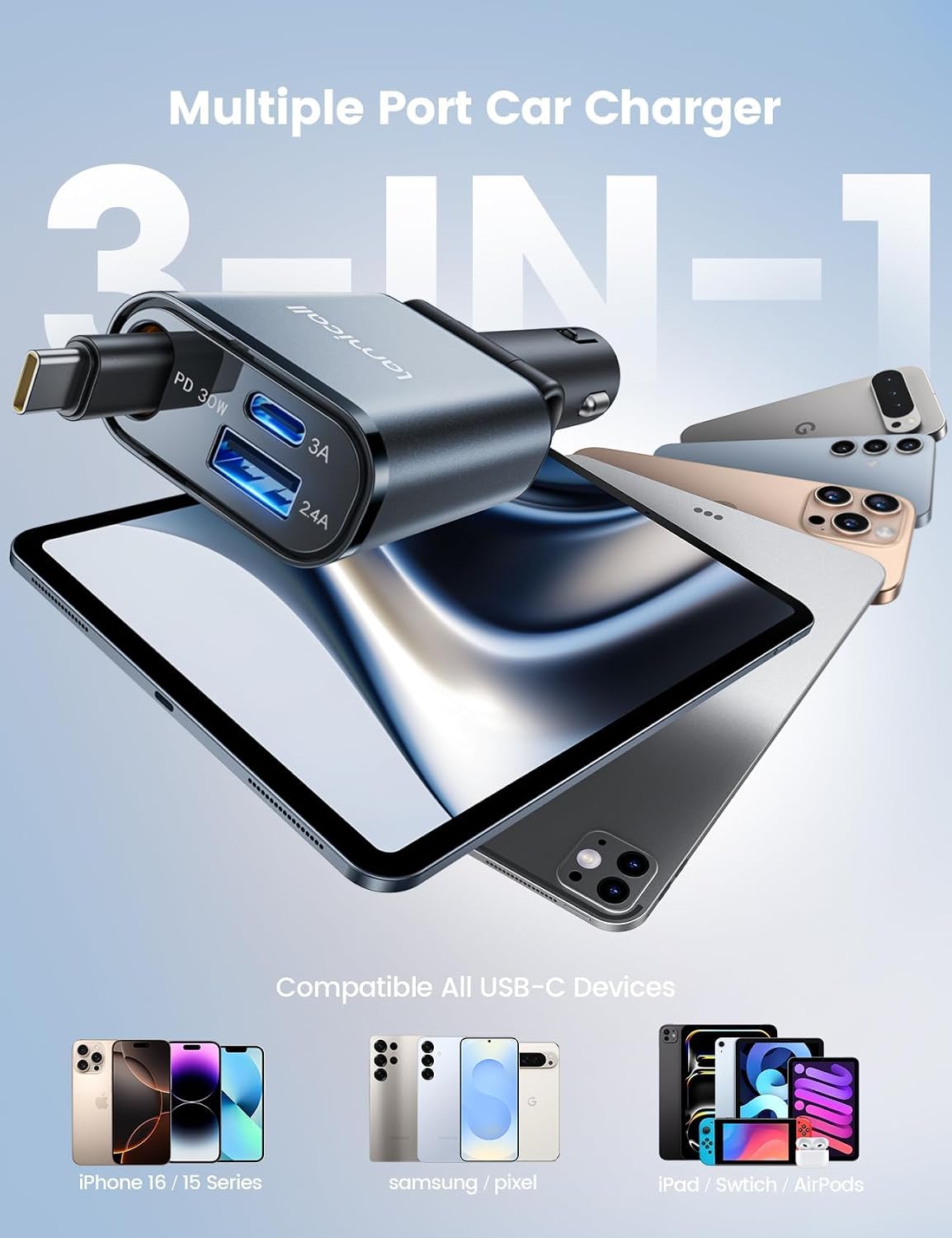 Lamicall Retractable Car Charger USB C 57W Charging for iPhone 18 17 16 Duo