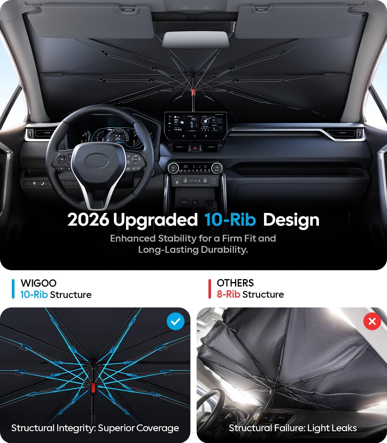 Wigoo Ice-Shield Car Windshield Sun Shade [100% Sun Block, 4th-Gen Cooling Tech] Reflective Heat Insulation, Portable Foldable Front Window Sunshade Umbrella for Sedans/SUVs - Universal Fit 56"x35"