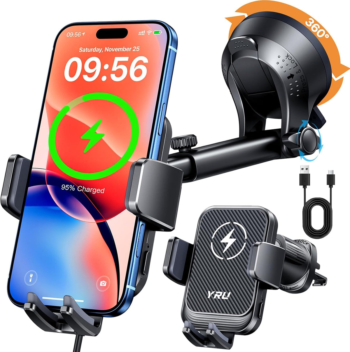 YRU 【Auto-Clamping & 90+LBS Strong Suction 15W Wireless Car Charger Mount