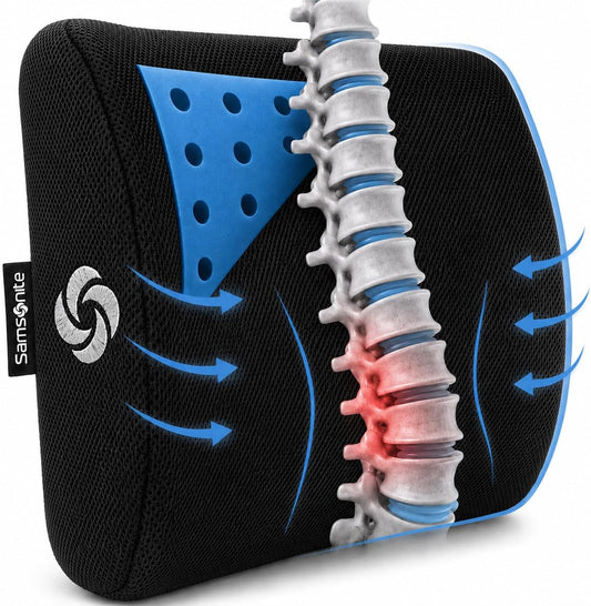 Samsonite Memory Foam Lumbar Support Pillow for Office Chair, Gaming Chair & Car Seat Automotive Use, Home Office Essentials for Sitting Comfort and Posture Relief Back Support, Black with Cooling Gel