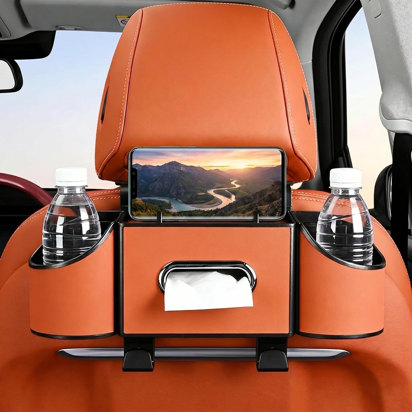 Back Seat Car Organizer, Nappa Leather Car Seat Organizer with Cup Holders and Tissue Box, Premium Hanging Storage Bag for SUV Truck Road Trip (Orange)