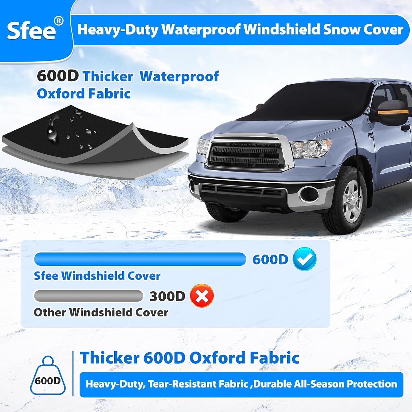 Sfee Windshield Cover for Ice and Snow,Heavy-Duty 600D Waterproof Windshield Snow Cover With 2 Mirror Covers, All-Weather Magnetic Frost Guard Winter Car Snow Cover Fit Car, Truck, Suv,Van (77" X 47")