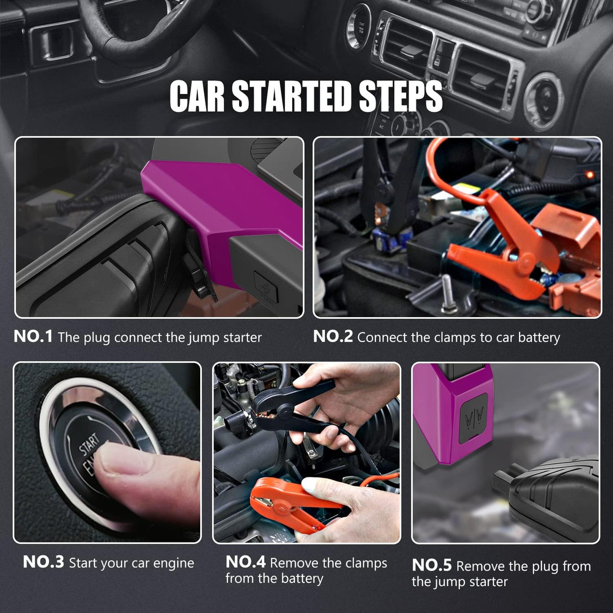‎DNA Motoring TOOLS-00268 12V 1500A 15000 mAh Multi-Function Portable Car Battery Jump Starter for Up to 7.0L Gas & 5.5L Diesel Engine, with Carry Case, Purple