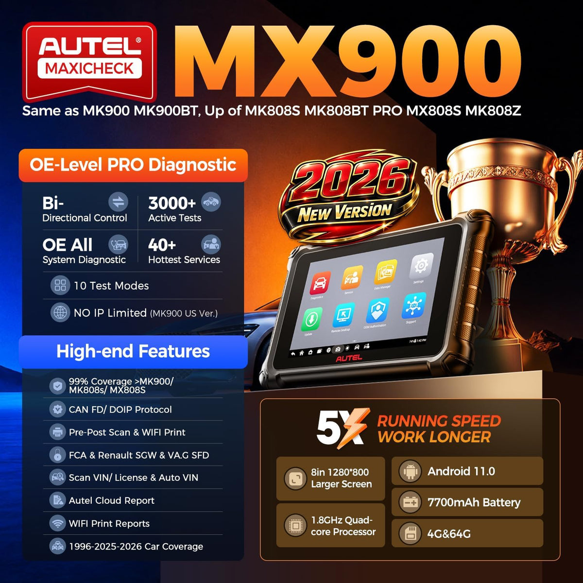 Autel Scanner MaxiCheck MX900, 2026 Bidirectional Tool as MK900BT MK900