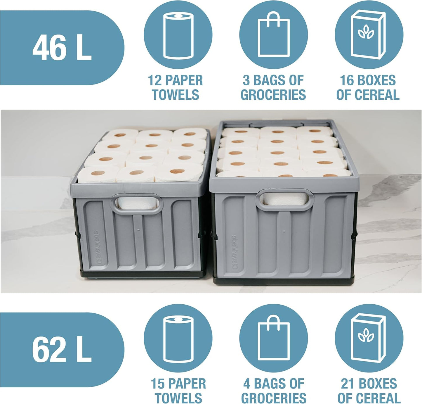 CleverMade Collapsible Storage Bins with Lids (46L, 3 Pack) – Stackable Foldable Plastic Storage Crates for Home, Closet & Trunk Organization - Obsidian