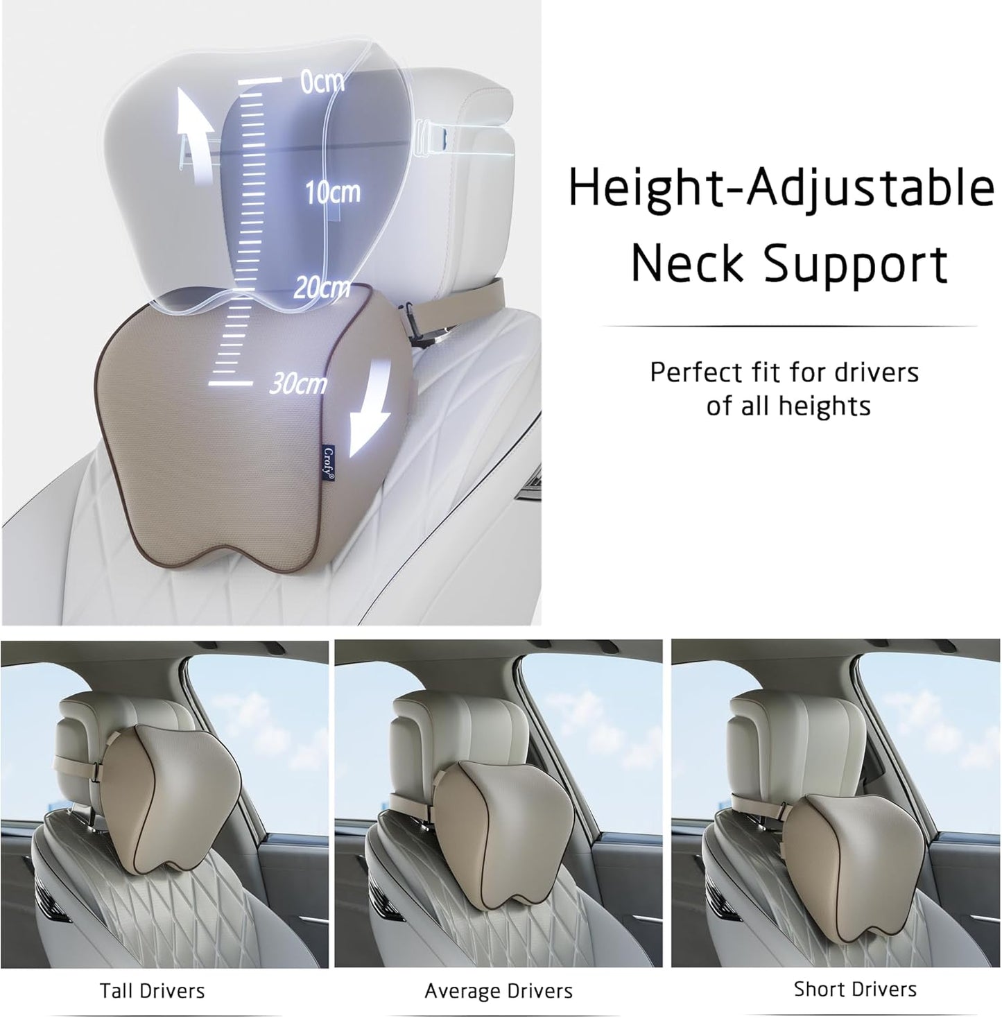 Crofy 2-Pack Car Neck Pillow, Headrest Pillow with Adjustable Strap, Gray | Soft Memory Foam; Ergonomic Design Fits Most Car & Office Chairs; Breathable Removable Pillow Cover Is Machine Washable