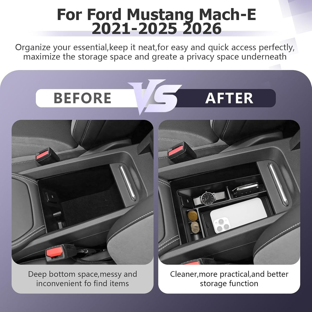 LUWU 2024 Mustang Mach E Center Console Organizer for 2021-2024 Ford Mustang Mach E Select/Premium/GT Accessories Armrest Console Storage Box Glove Organizer Tray ABS Material (Black)