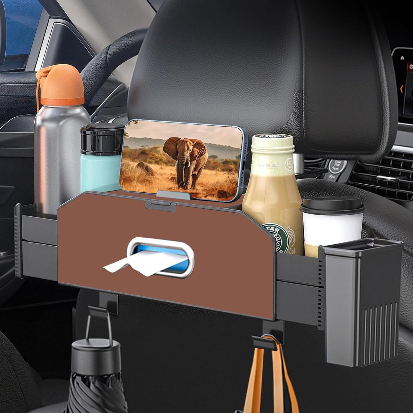 Back Seat Car Organizer,5 in 1 Multifunctional Car Back Seat Storage Box with Trash Can Drink Cup Holder Tissue Box, for Hold Phone,Snacks, Drinks, Handbag-Beige