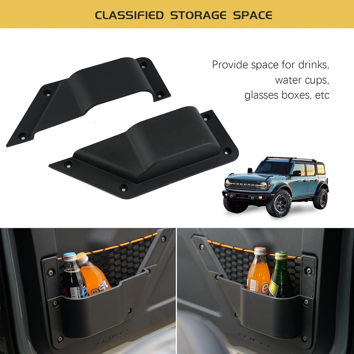 Front Door Storage Pockets Front Door Side Organizer Box Ford Bronco Storage Expansion Interior Accessories, Door Cup Holder, Compatible for Ford Bronco 2021-2025 2/4 doors，2 PCS