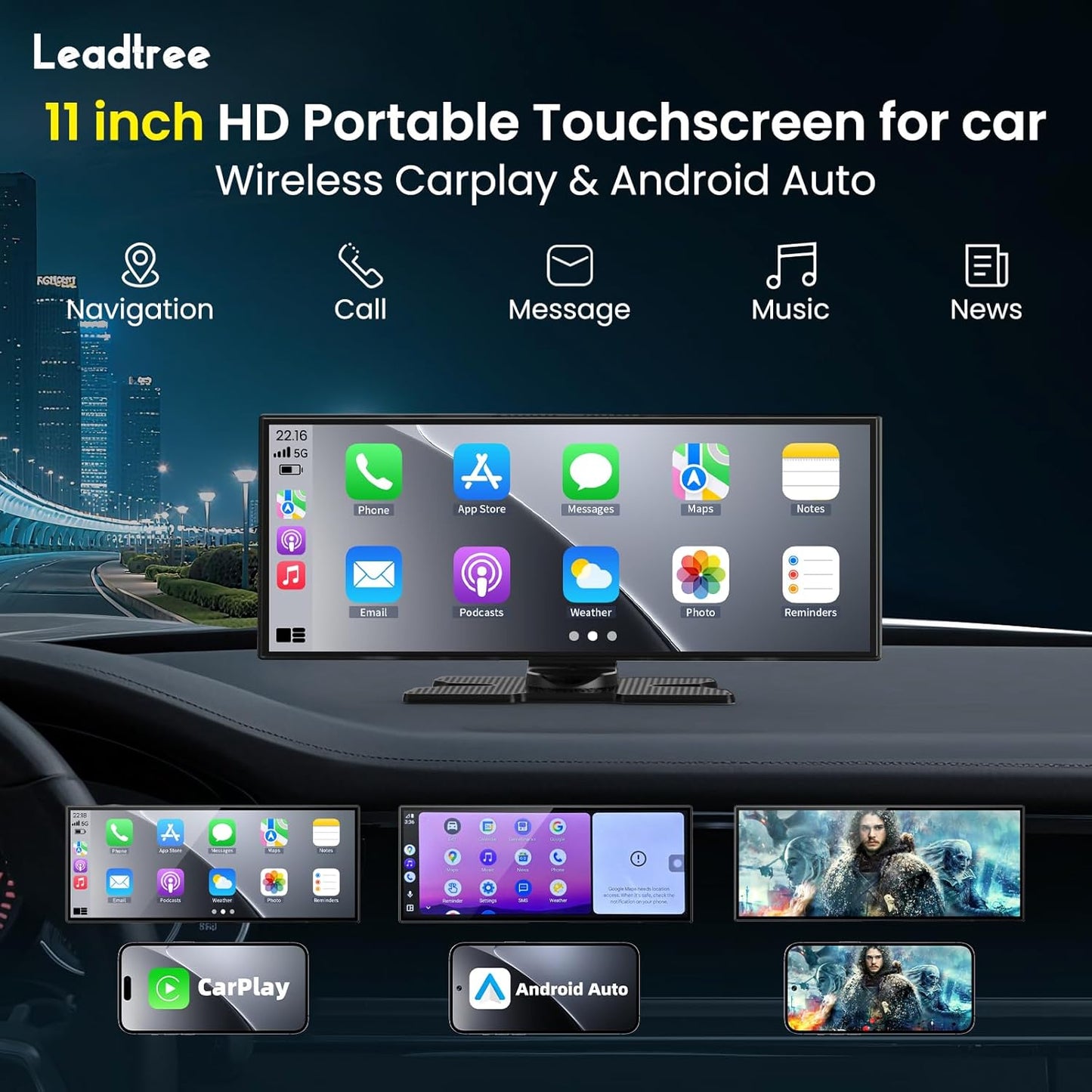 Largest 11.5 inch Wireless CarPlay Screen for Car, A-pple CarPlay & Android Auto HD Touchscreen with 4K Dash Cam/1080P Backup Camera/Navigation/Bluetooth/Voice Control/FM/Mirror Link,for All Vehicles