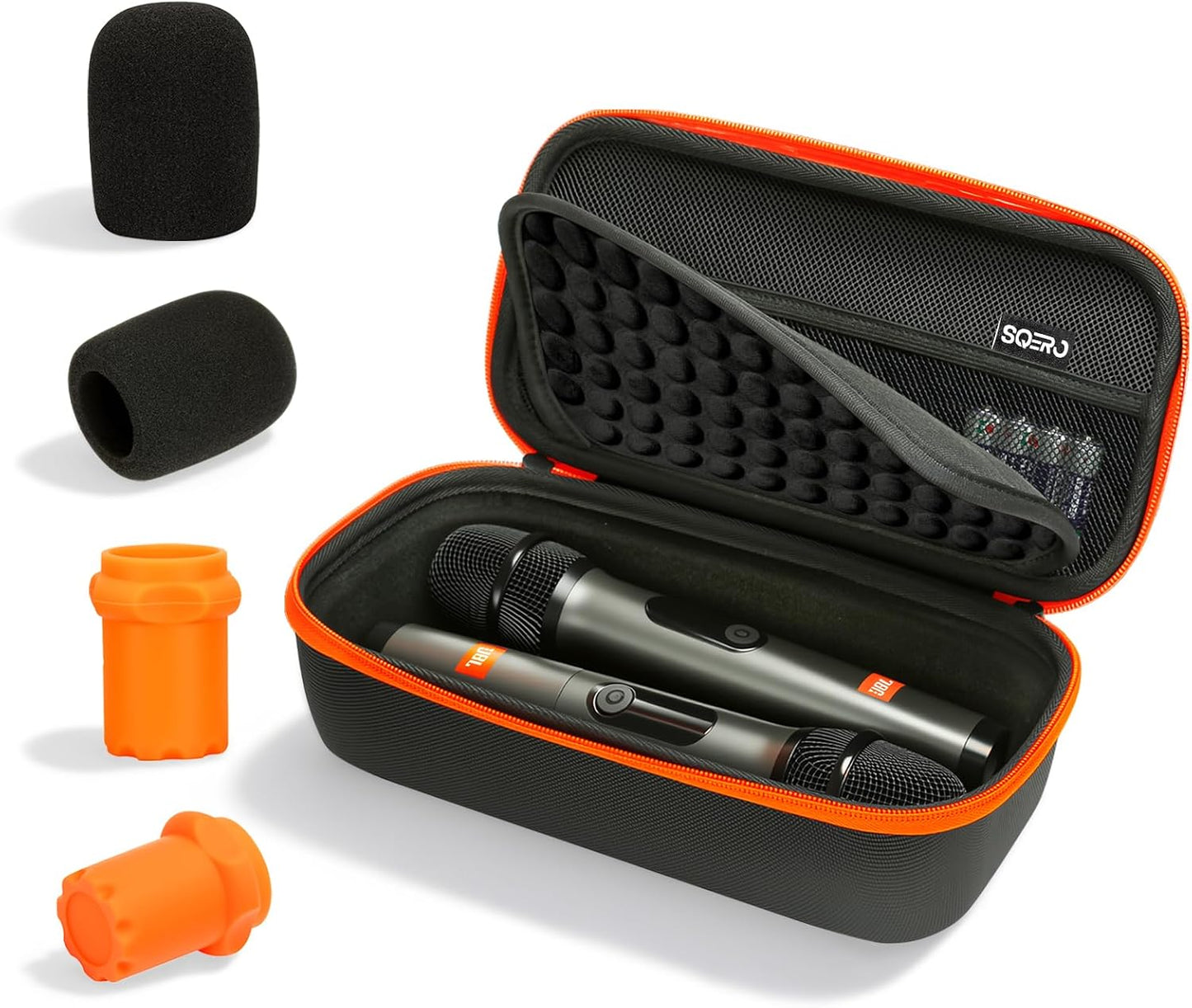 Hard Shell Microphone Case for JBL Wireless Two Mic System & PartyBox Wireless Mic, Carrying Travel Mics Storage Bag with 2 Microphone Cover and 2 Silicone Bases for Karaoke Stage Parties