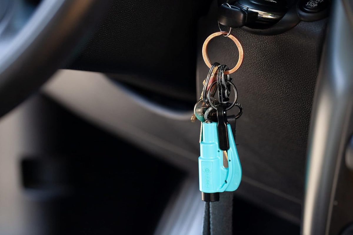 resqme The Original Emergency Keychain Car Escape Tool, 2-in-1 Seatbelt Cutter and Window Breaker, Made in USA, Family Pack of 3, Black, Blue, Yellow - Compact Emergency Hammer