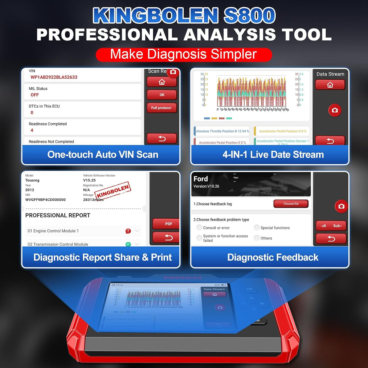 KINGBOLEN OBD2 Scanner S800 Car Scanner, OBD2 Diagnostic Scan Tool with 15 Reset, Oil Brake Throttle Service, Engine ABS SRS Transmission Code Reader, Battery Test, AutoVIN, Lifetime No Charge Update