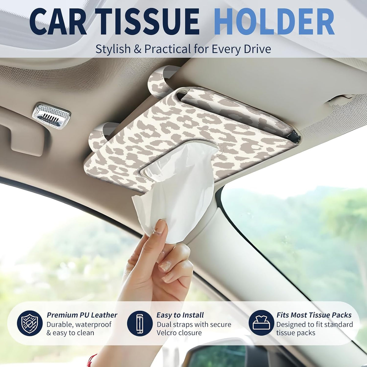 Car Tissue Holder, Cute Sun Visor Napkin Holder Backseat Tissue Case, PU Leather Tissue Box, Funny Car Accessories for Women Men Luxury Grey Leopard