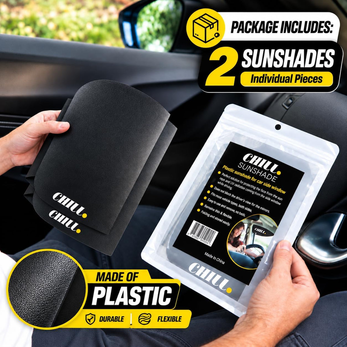 CHILL Sunshade Car Window Shades for Side Window, Perfect for Driver's car Sun Shade Side Window, Easy On and Off, Foldable Plastic (1)