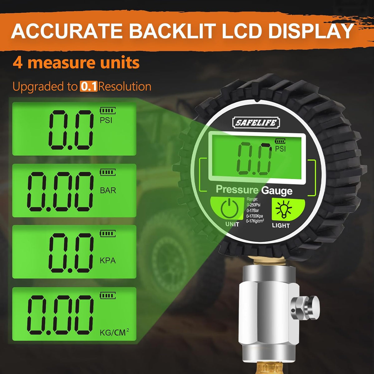 SAFELIFE 4x4 Digital Tire Deflator kit，Professional Tire Pressure Gauge 250PSI, Rapid Air Down Tire Deflators Offroad Accessories