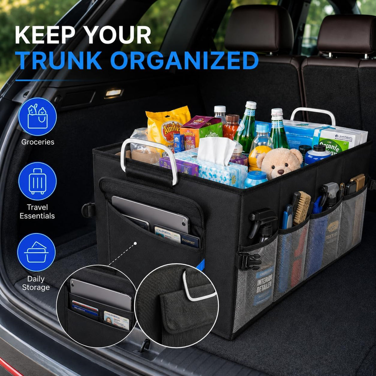 Car Trunk Organizer, Portable, Collapsible, Waterproof, Oxford Cloth, Aluminum Handle, Ideal for SUVs, Cars, Camping, Storage