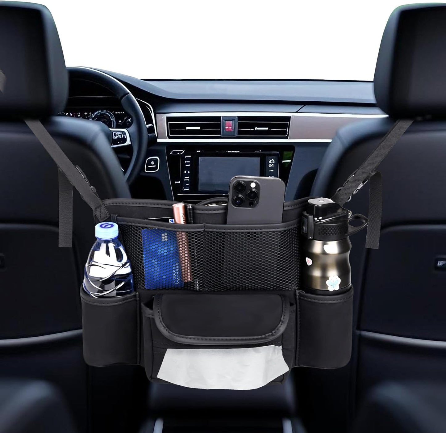 Car Handbag Holder Between Seats Suede Large Capacity Car Purse Holder Automotive Consoles, Fits Between Front Seats, Holds Wallet, Phone & Essentials (Black)