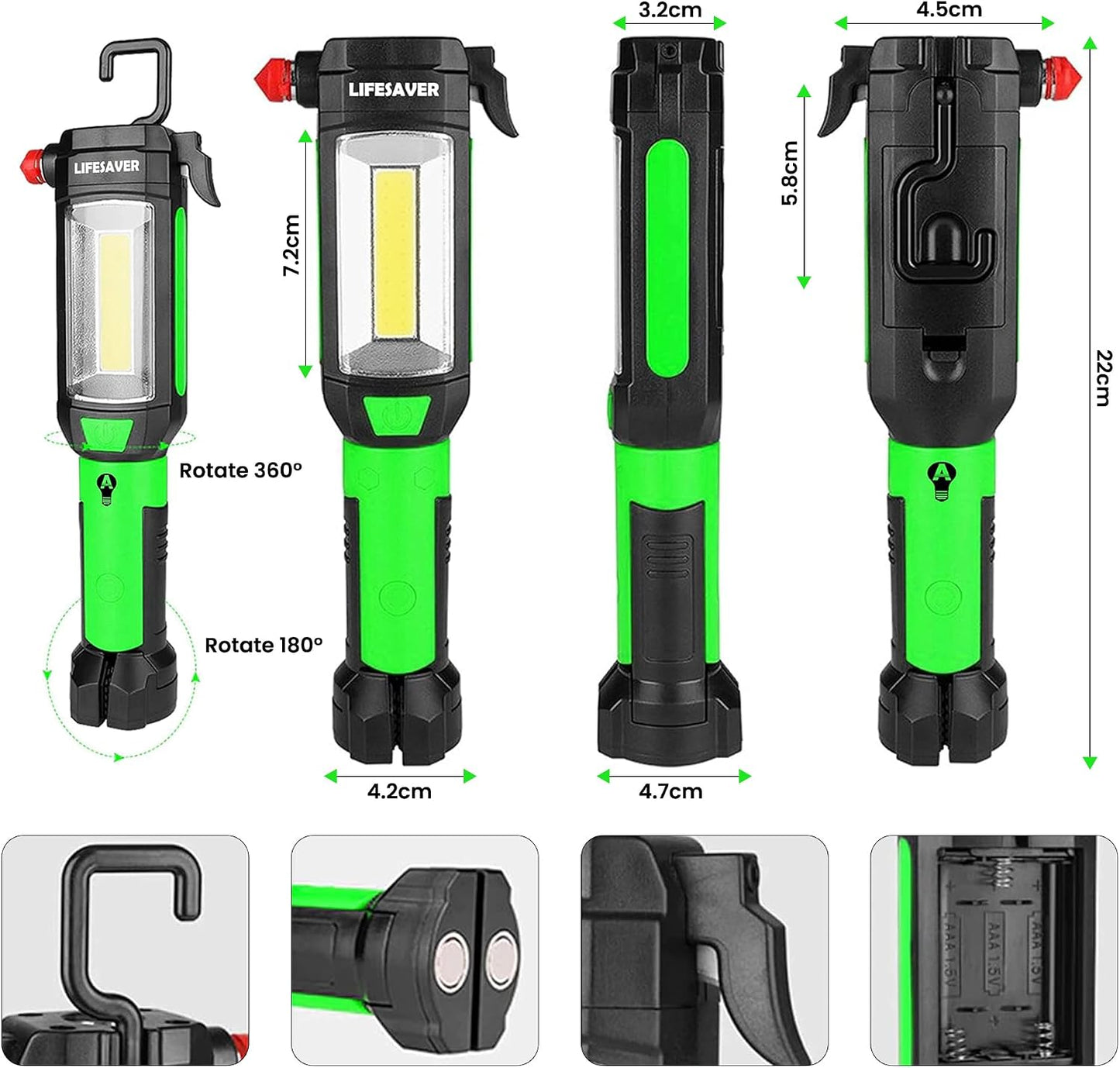 AlltroLite 9-in-1 Emergency Auto Tool with LED Flashlight | Multi-Function Car flashlight Kit with Three Lighting Modes, Window Glass Breaker, Seat Belt Cutter & Magnetic Base (Batteries Included)