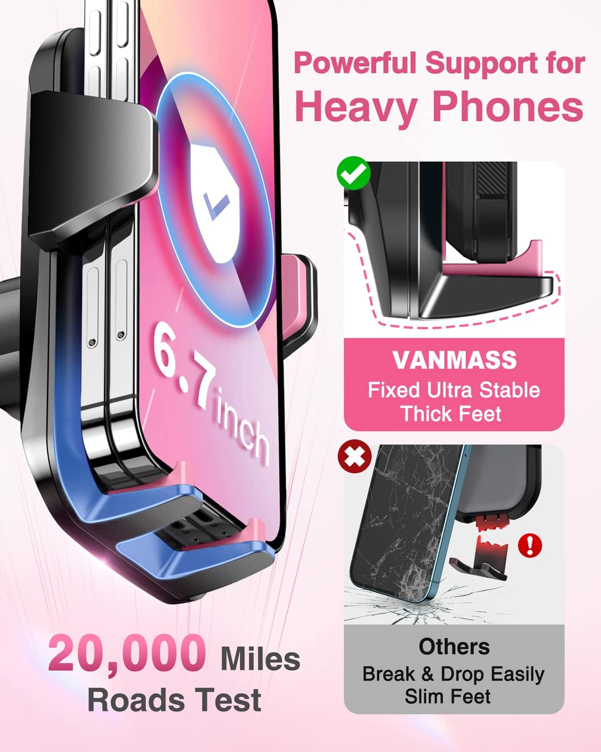 VANMASS【85+LBS Strongest Suction & Military-Grade Ultimate Car Phone Mount【Patent & Safety Certs】 Cell Phone Holder for Dash Windshield Vent for iPhone 17 Pro Max Automobile Interior Sets, Light Pink