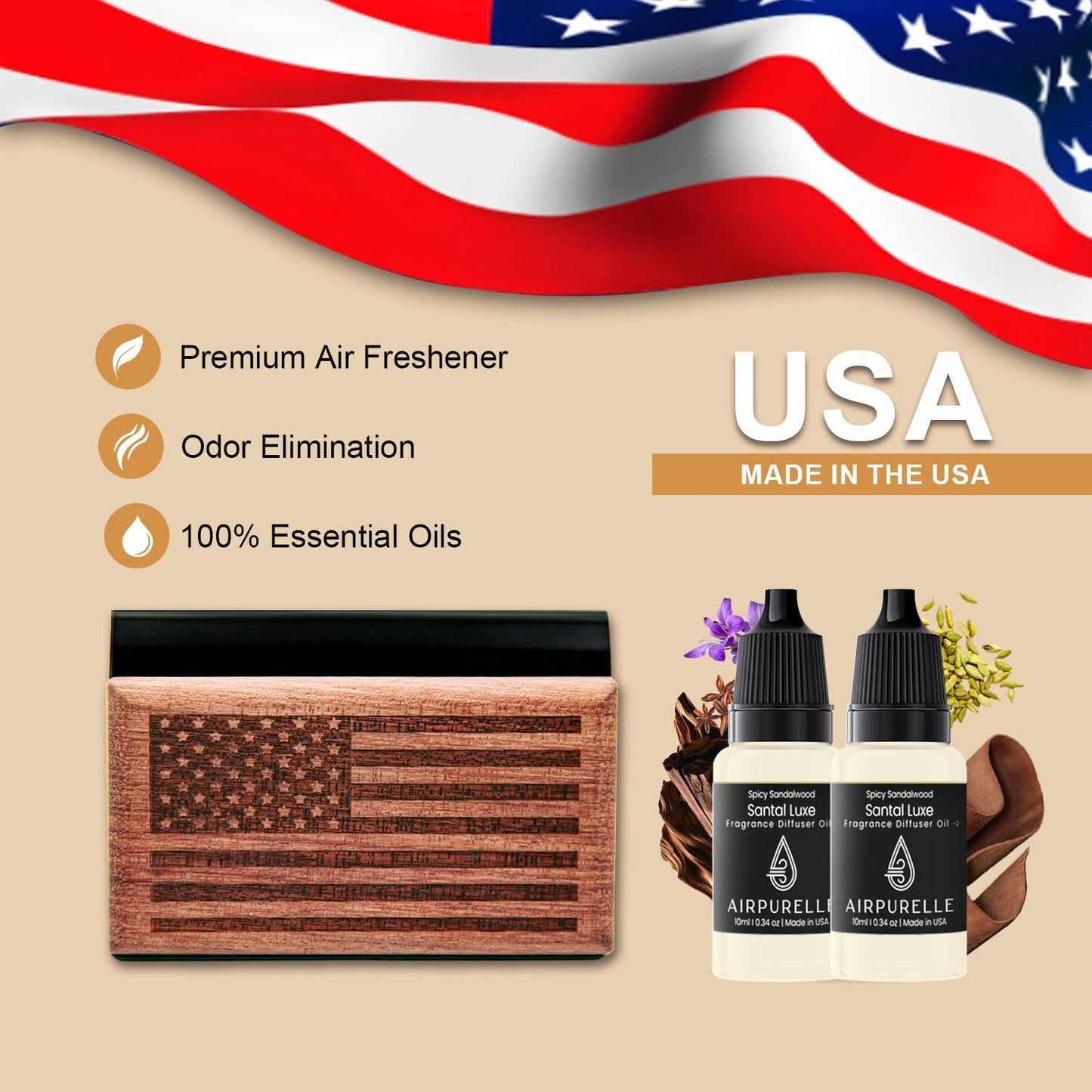 AirPurelle Car Air Freshener with Metal Clip Wood Air Freshener, 100 Days Long Lasting Spicy Sandalwood Scent, Includes 2x 10ML Refills, 0.68 FL OZ, Made in USA, Car Auto Accessories