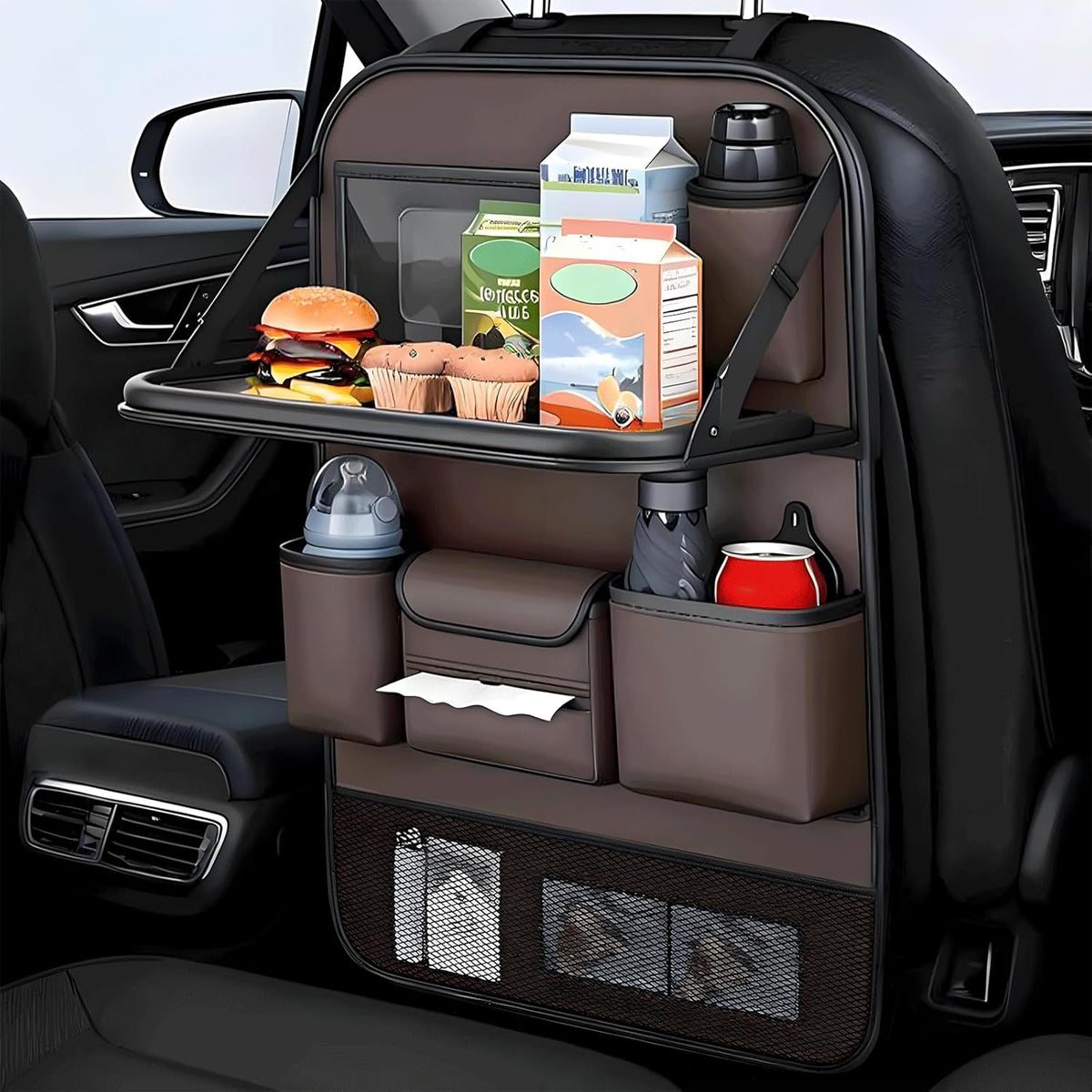 Universal Foldable Car Backseat Organizer with Table Tray, Car Seat Back Protector with Touch Screen Phone Holder, Premium Leather Kick Mats with Storage Pockets Tissue Holder (Brown)