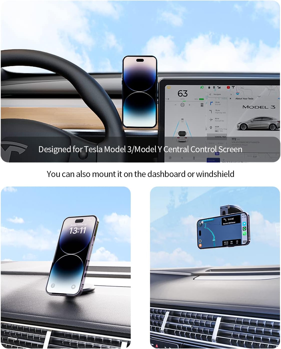Fast Charging Wireless Car Charger Mount, Magnetic Foldable Car Phone Holder for Tesla Model 3/Y Designed for MagSafe Compatible with iPhone 12/13/14 Series