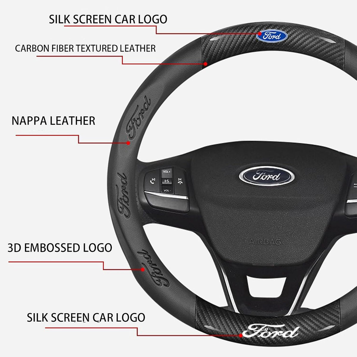 for Ford Steering Wheel Cover, Nappa Leather&Carbon Fiber Texture Steering Wheel Cover, 14.5-15 Inch Compatible with Ford F150 F250 F350 Ranger Escape Bronco Fusion Accessories