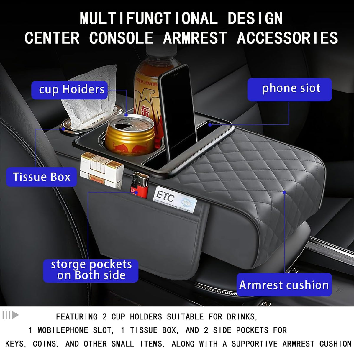 5-in-1 Nappa Leather Console Armrest Cover with Cup Holder