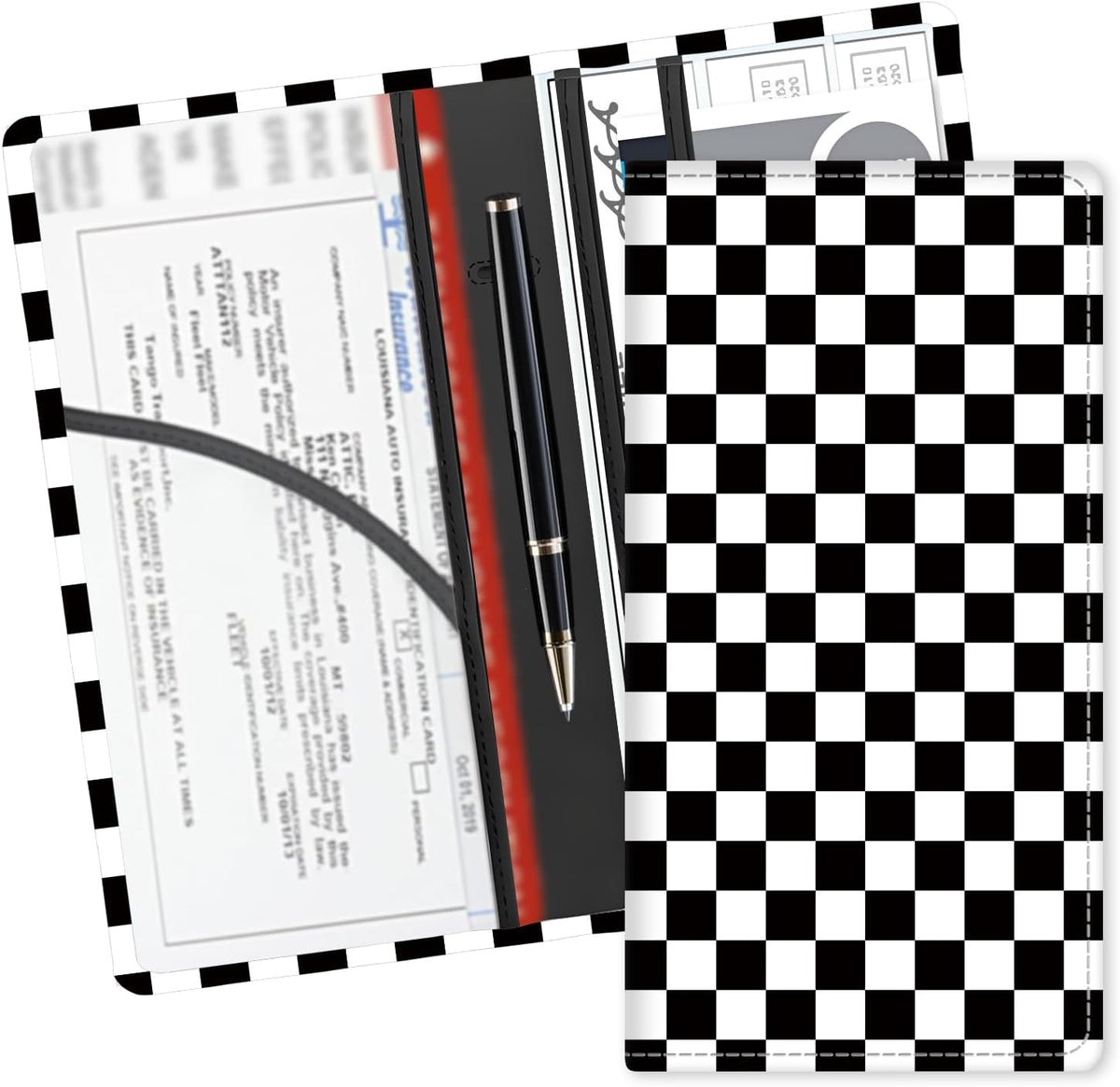 Leather Car Registration and Insurance Card Holder, Cute Car Accessories Vehicle Glove Box Car Organizer for Documents, Cards, License Black White Checkerboard