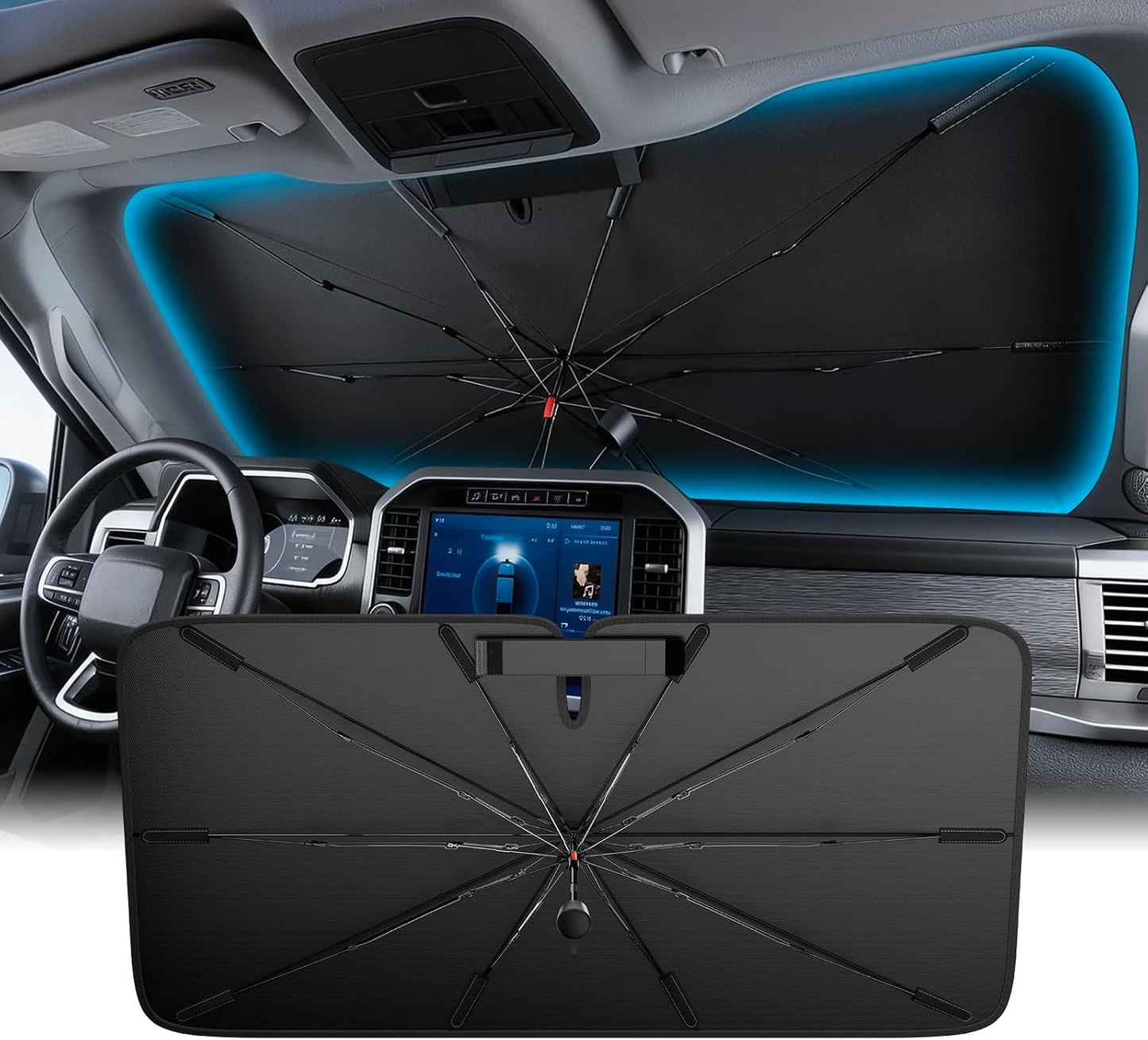 Wigoo Windshield Sun Shade Umbrella for Tesla Model Y [100% Sun Blockage, Ice Cooling Fabric] Foldable Heat Insulation Front Window Sunshade Umbrella for Tesla Model Y 2020–2026 (Juniper)