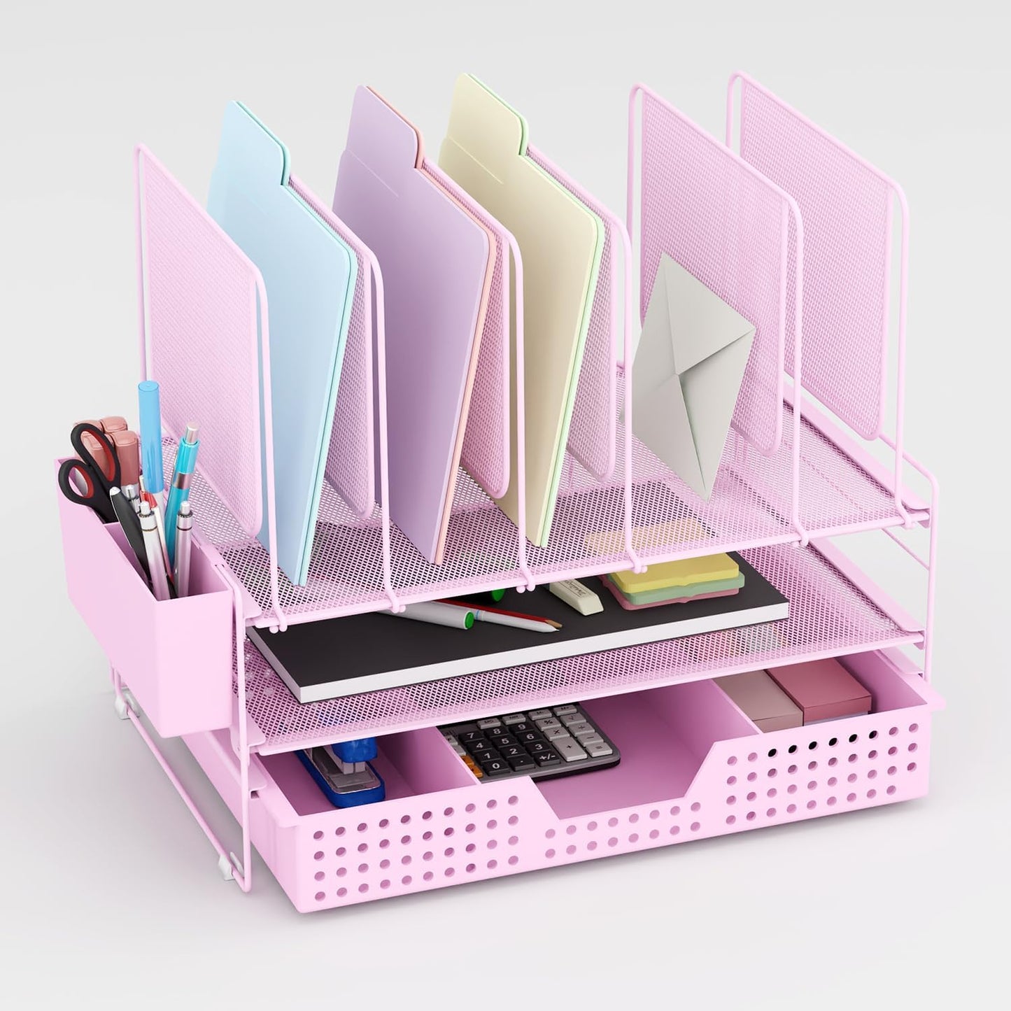 LEKETREE Pink Desk Organizer, Office Organization with Vertical File Holder, File Organizer with Drawer and Pen Holder, Desk Accessories and Workspace Organizers for Home Office (Pink)