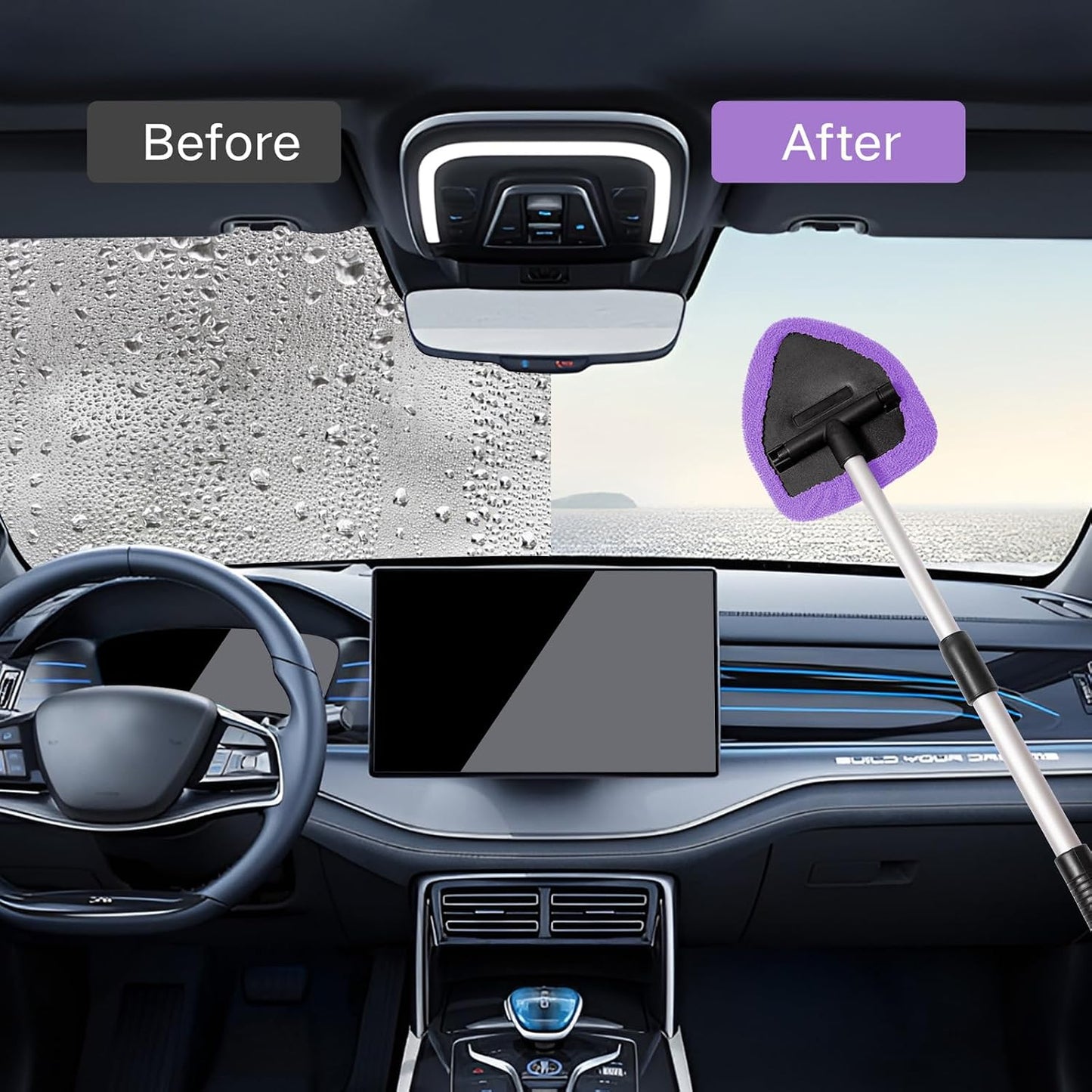 Qydipclin 10pcs Windshield Cleaning Tool Inside Car Window Cleaner Wash Kit with 4 Reusable Microfiber Pads 1 Spray Bottle and Extendable Handle Interior Auto Glass Wiper Kit, Purple