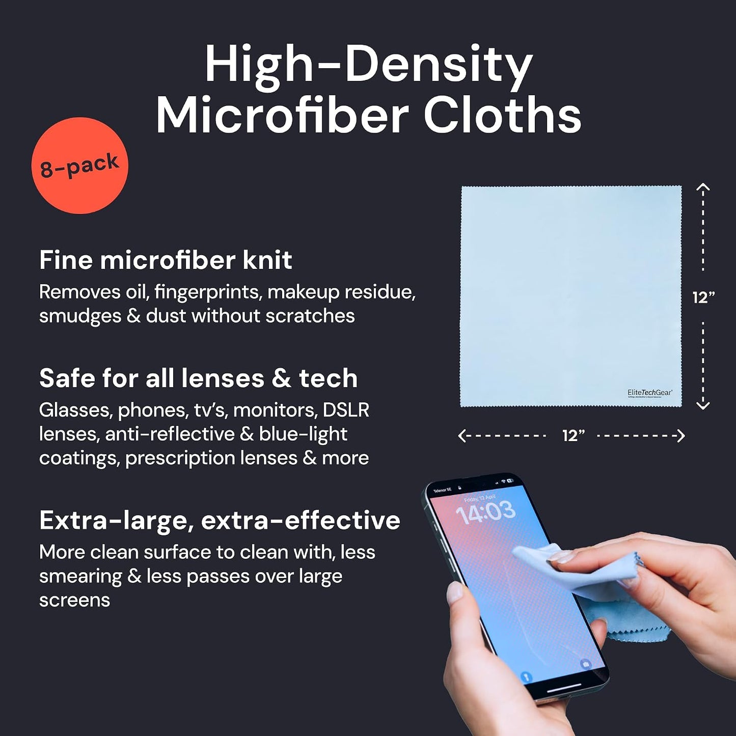 Elite Tech Gear Microfiber Cleaning Cloths for Glasses & Screens, 8-Pack | Blue - Large 12"x12" - Streak-free - Safe for Delicate Lenses - Washable - Clean Glasses, TVs, Phones, DSLR and Coated Lenses